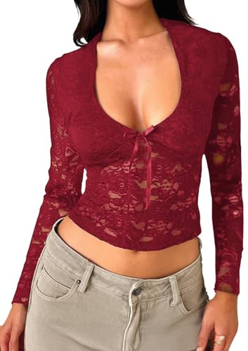 TUUHAW Women Tops Long Sleeve Slim Fitted V Neck Sexy Mesh Elegant Low Cut | Lace Trim Casual T Shirts, Basic Y2k Crop Tops, Slim Fit Fall Blouse, Low Cut Clubwear Sheer Mesh, Semi-Transparent Floral