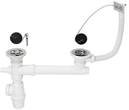Wirquin 30721103 Scarico per lavello 2 vasche D60 con troppopieno e presa lavatrice, bianco