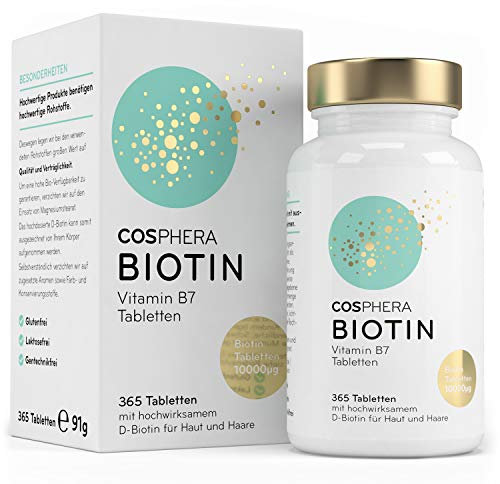 Biotin Tabletten - Hochdosiert mit 10.000 mcg D-Biotin pro Tablette - 365 vegane Tabletten im 1-Jahresvorrat - für schöne Haare und Haut - Vitamin B7 trägt zur Erhaltung normaler Haut und Haare bei