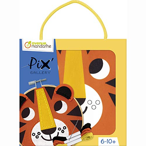 My Mandarine KC119C - Kreativset Pix Gallery, kleines Tambourin 13x13cm zum Sticken und Nähen, ideal ab 6 Jahren, Tiger, 1 Set