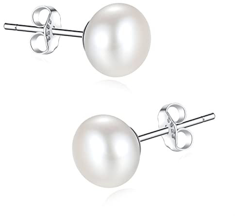 LUINNO Perlenohrringe Perlen Ohrstecker Set | Sterling Silber 925 Nickelfrei | Natur-Zuchtperlen Halbrund Ø 6,5mm Weiss im Hochglanz | Damen Schmuck Ohrringe Stecker Pearl Earrings Silver