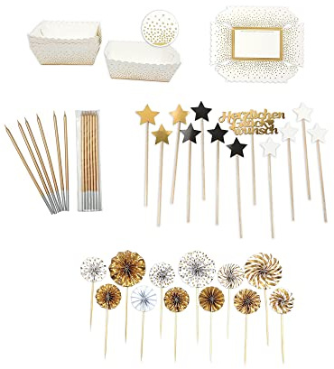 Frau WunderVoll® Deko Kuchen Backset Papier Gold Metallic Inhalt 24 Kuchen Backformen/ 12 Caketopper/12 Papierrosetten/12 Kerzen Muffin Backform Kuchenstecker Hochzeit Geburtstag Jubiläum Candy Bar