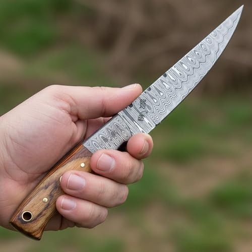 Couteau avec gaine en cuir - Couteau en acier de Damas fait main - Couteau personnalisé - Manche en bois stratifié de 21,6 cm - 6005