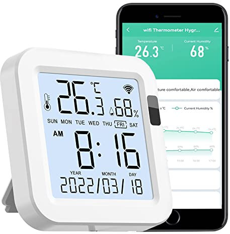 Monitoraggio della temperatura di umidità WiFi: sensore intelligente di temperatura e umidità con schermo LCD,con luce di induzione PIR e allarme APP, termometro interno igrometro funziona con Alexa
