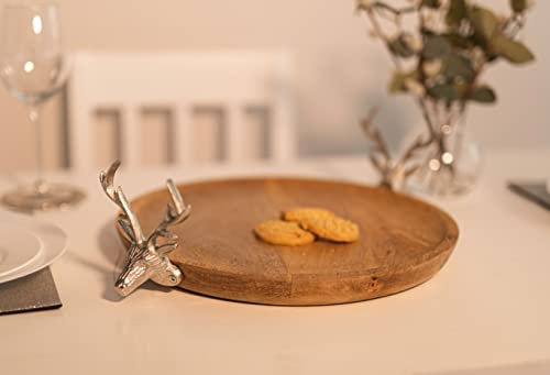 Plateau à gâteau Marco Paul en bois et métal avec motif de cerf et bois de cerf argenté - Plateau à gâteau de cuisine d'intérieur - Plateau de service de Noël - Plateau à fromage - Coffret cadeau