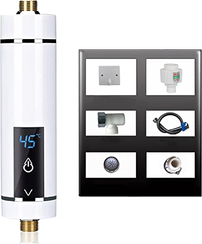 Tankless Electric Water Heater,WMLBK 220V 5500W Kitchen Mini Instant Electric Water Heater with Backlit LED Display Tankless Shower Hot Water for Basins Sinks Over/Under Sink Installation, White