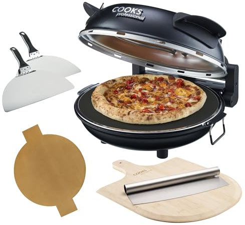 Cooks Professional Electric Pizza Oven with Bamboo Board, Cutter, 31cm Stone Base, Glass Window, Timer, Stainless Steel Paddles & Baking Sheet | Portable Countertop Pizza Maker Machine 1200W | Black