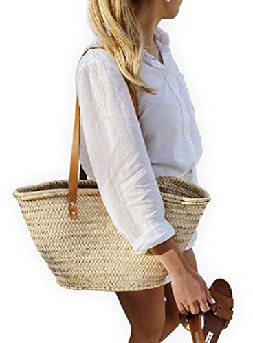 French Basket Straw Bag with Leather Handles, Beach Tote, Wicker Shopping Basket, Handmade Straw Market Bag for Women