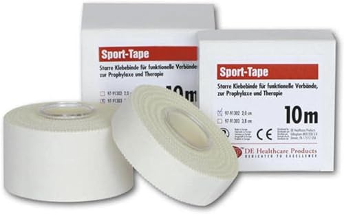 DE Healthcare Products – Sporttape (10 m x 2,5 cm), starr, für Prophylaxe und Therapie, Klebebinde für funktionelle Verbände, weiß