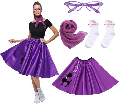 Leadtex Women Sock Hop Costume 1950s Poodle Skirt with Scarf,Glasses,Socks,Adult 4 Piece 50s Costume Set(Purple,XXL)