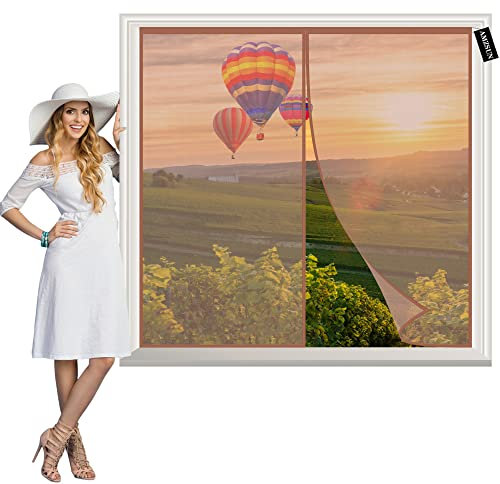 Magnet Fliegengitter Fenster - Fliegengitter Balkontür Braun 100x140cm Insektenschutz Fliegengittertüren mit Klettband Ohne Bohren -für Fenster und Türen