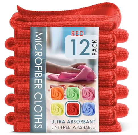 Hearth & Harbor Panno di pulizia in microfibra, Asciugamani in microfibra per auto Confezione da 12 salviette, Stracci per la pulizia rossi, Asciugamano in microfibra riutilizzabile, Stracci in