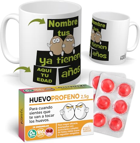 mundohuevo Pack regalo personalizado para cumpleaños | Taza Tus Huevos ya Tienen... Años + Caramelos divertidos |Regalo para Amigos y Familiares