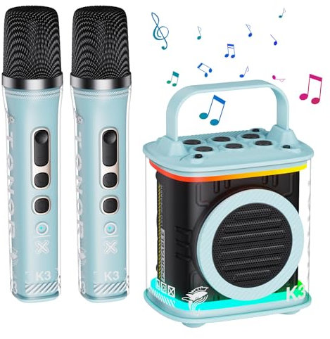 TONOR Mini Karaoke Machine with 2 Wireless Microphones, Portable Bluetooth Speaker for Kids Adults with Microfono Mics and Colorful LED Lights, Children Girls Boys Birthday Gift Home Party Light Blue