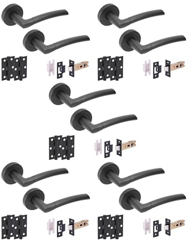 Hunta HANDLEZONE® 5 Sets Neemo Internal Door Handles on Rose Lever Latch Packs with Ball Bearing Hinges - Black Matt