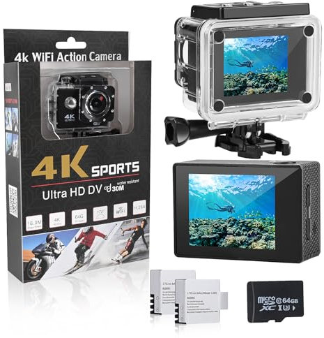 Comius Sharp Action Cam 4K30fps Unterwasserkamera WiFi Kamera, 16MP HD 170°FOV mit EIS Helmkamera, Wasserdicht Kamera mit 2 Akkus, 64G SD Karte und Helmhalterung Zubehör Kits