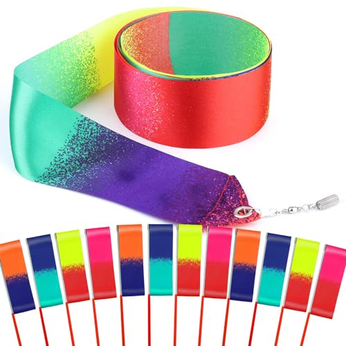 Mr Rex 20 Stücke 2m Neon Tanzbänder mit Stab fur Kinder Mädchen Gymnastikband Tanzband Schwungband mit Stab Kind Geschenke Kindergeburtstag Mitgebsel, Kids Rainbow Dance Ribbon Wands