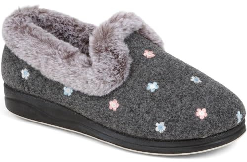 Pavers Womens Floral Faux-Fur Slippers | Autumn Winter Collection | Full Slipper Slipper | Slip On | Flat