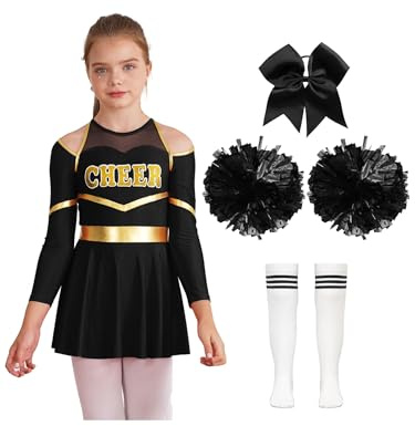 Aislor Mädchen Cheer Leader Kostüm Halloween Langarm Cheerleading Uniform Outfits Pailletten Kleid mit Pompoms/harrband Strümpfe Cheerleading Tanzkleid