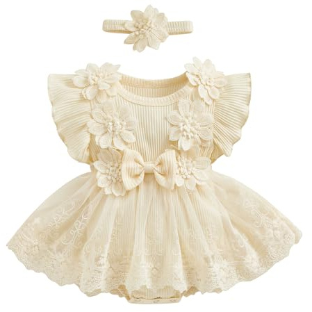 Carolilly Vêtement Nouveau-Né Bébé Fille Eté de 2 Pièces, Barboteuse à Manches Courtes avec Jupette en Dentelle Florale + Bandeau Assorti (0-18 Mois) (Abricot, 0-3 Months)