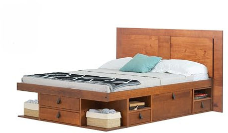 Bett mit Stauraum 180x200 + Platzsparendes Kopfteil + Lattenrost: Set Bali Karamell. Doppelbett mit Bettkasten u. Ultra dünnes Kopfteil. Möbel aus Kiefer Massivholz, optimal f. kleine Schlafzimmer