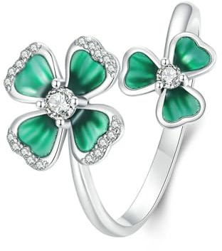 Joli trèfle à quatre feuilles avec déclaration anneau de doigt enveloppant pour femmes filles en argent sterling 925 avec zircons verts trèfle empilable bandes ouvertes réglables alliances de mariage