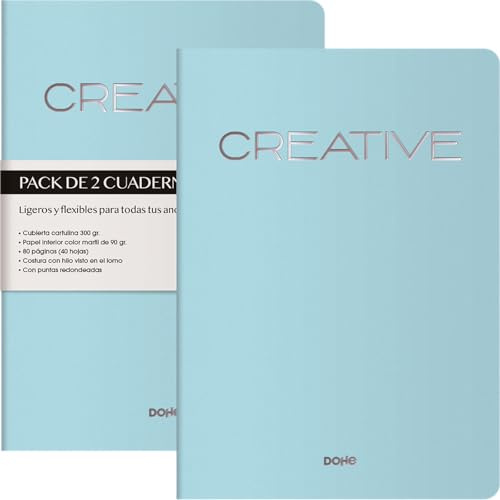 DOHE Notizbuch A4, glatt, 2 Stück, Größe 21 x 29,7 cm, 40 Blatt (80 Seiten), 90 g/m², für Notizen, Organisation oder Zeichnen, weicher flexibler Einband, Türkis