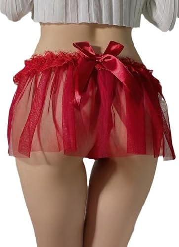 MIZSPISE Women’s Knickers Sexy Lace Underwear Sheer Tulle Fashion Thongs Low Waist Panties Mini Skirt Lingerie See Through Outfits Stretchable Breathable Black Red White