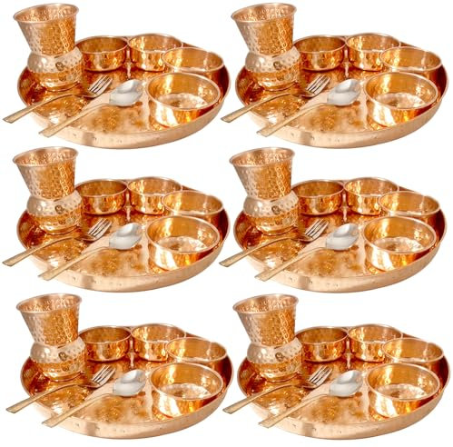 Grainex Copper Hammered Dinner Plate Set | Traditional Dinner Set of Thali Plate, Bowls, Glass and Spoon | 6 Thali Set