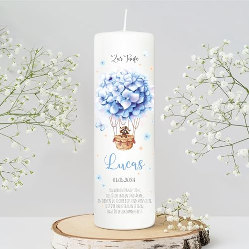 Wandtattoo Loft Taufkerze Jungen mit Taufspruch, Motiv Heißluftballon aus blauen Blumen, 25cm x 8cm, personalisierte Kerze, bedruckte Kerze zur Taufe, Stumpenkerze, Geburtskerze, Taufgeschenk