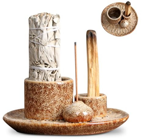 4 in 1 Keramik Räucherschale für Palo Santo, jedes Räucherwerk, Weißer Salbei Räuchern, Räucherstäbchen und Kerzenhalter, Keramik Aschefänger Tablett für Yoga/Meditation (Weiß Gesprenkelt)