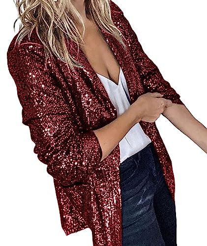 TDEOK Blazer med axelstoppning 80-talet – glitter kostym dam paljetter – outfit party lång kavaj jacka lätt festlig bolero elegant lång blazer glänsande festlig lång blazer modern för klänning, röd, S