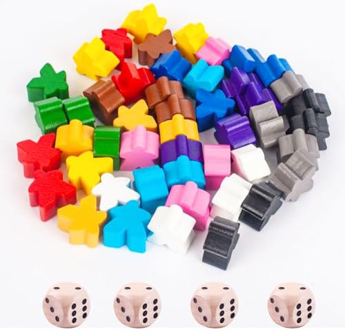 Tcnzdy Lot de 48 figurines pour jeux de société, 4 cubes en bois, petites figurines en bois, couleurs mélangées, accessoires de jeu de société, figurines colorées pour l'éducation précoce (12