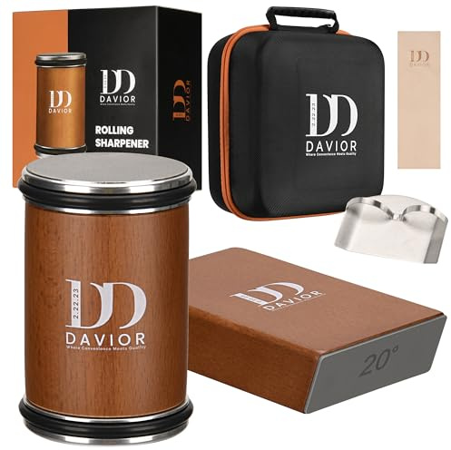Davior Rolling Knife Sharpener Kit with Diamond Discs, 15° & 20° Multi Angle Magnetic Knife Sharpener Roller Tool for Kitchen and Pocket Knives, Finger Protector, Leather Strop & Carry Bag