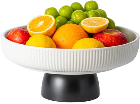 CCATSIX Frutero de cerámica, cuencos decorativos grandes de 11 pulgadas, bandeja blanca y pedestal negro, encimera de cocina, bandejas elegantes y prácticas para pan y frutas, bandejas de exhibición