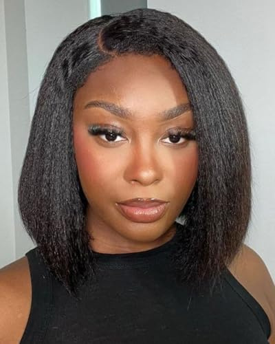 Style Icon äkta hår peruk kort kinky rak bob human hair peruk med 4C kinky curly edges Hairline wear and go Glueless Bob peruk för kvinnor 30 cm förplockad för-skuren bob peruk (35 cm)