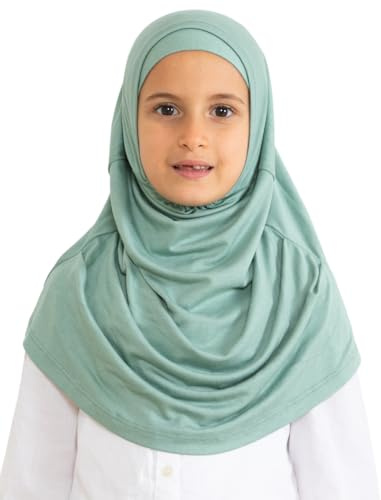 Prien lätt att bära hijab för flickor, muslimsk halsduk för barn, omedelbar hijabs för kvinnor, viskos barnhalsdukar för Ramadan Eid, ljusgrön, one size