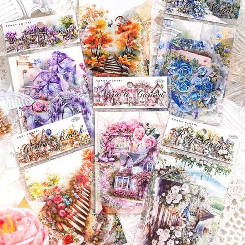 180PCS Scrapbook Zubehör PET Garten Landschaft Scrapbooking, Scrapbook Papier Vintage Flowers Scrapbook Stickers Set Aufkleber Blumen Papers für Diy Fotoalbum Journaling Zubehör