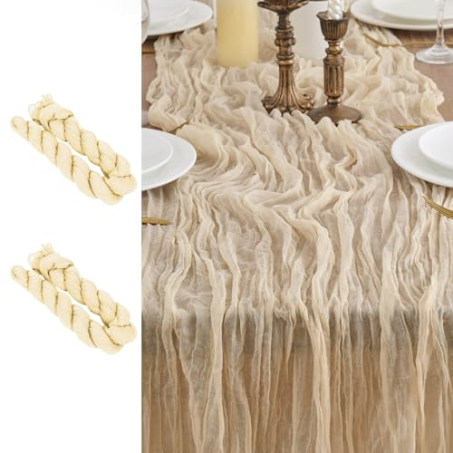 LUKDUNG 2 Stück Tischläufer, Seihtuch Tischläufer, Boho Gaze Stoff Käsetuch, Rustikaler Tischdecke für Hochzeitsdeko Tischdeko, 90 x 300 cm (Beige, 90 x 300 cm, 2 Stück)