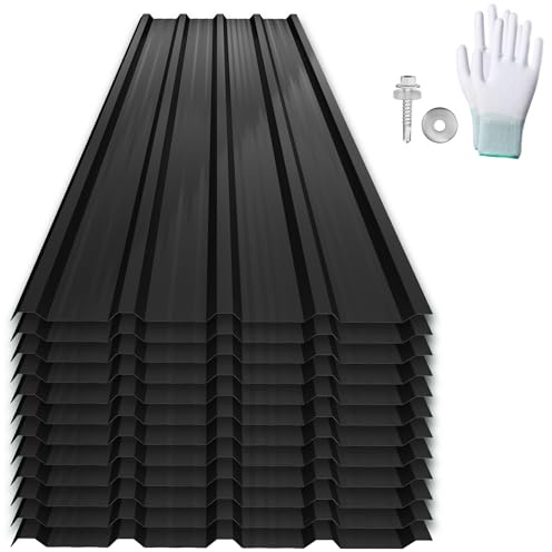 SUBTLETY 12er Wellplatten Verzinkter Stahl Trapezblech Dachblech Set mit inkl. Schrauben und Handschuhe Wetterfest Formblech Profilblech Dachplatten Blechdach für Garagen, Lagerhäuser (Schwarz, Typ A)
