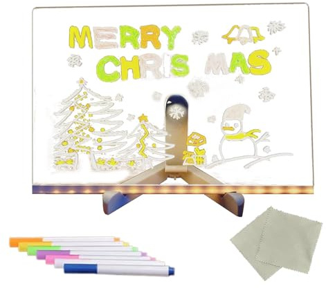 Tableau lumineux Message LED, Tableau d'affichage acrylique à LED, Tableau Acrylique Effaçable avec 7 Stylos, tableau de notes lumineux en acrylique, tableau de dessin à LED pour enfant