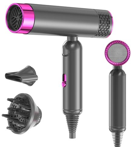 Guyisile Asciugacapelli ionico, piccolo asciugacapelli da viaggio pieghevole, asciugacapelli professionale da 1600 W per un'asciugatura rapida, con custodia, 3 riscaldamenti e 2 velocità (grigio)