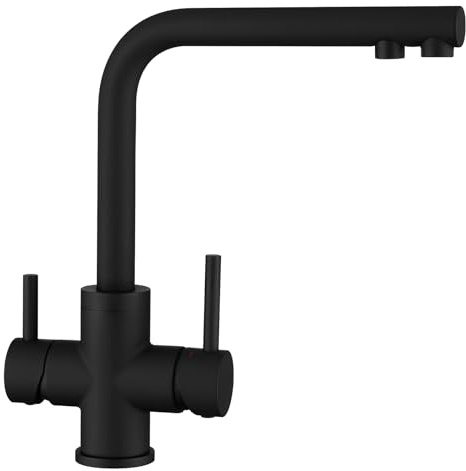 CREA Osmose Wasserhahn 3 Wege Schwarz, 360° Drehbar Küchenarmatur, 3 in 1 Mischbatterie Küche für Wasserfilter, Trinkwasserhahn mit 2 Hebel, Drei Wege Armatur, Matt Schwarz
