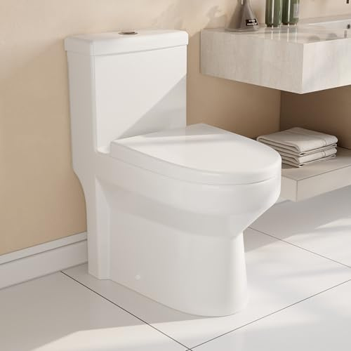 Deer Valley Compact One-Piece Toilet for Small Bathrooms, Modern Toilet with Powerful Dual Flush 1.1/1.6 GPF, Soft-Close Seat, 12 Rough-In, High-Efficiency, Space-Saving & Quiet White Design
