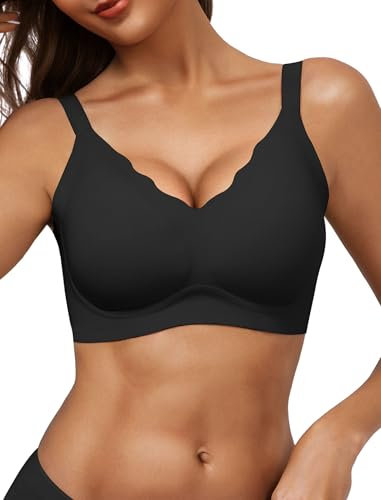 Vtelor Bras for Women Non Wired Seamless Wireless Push Up Bra Comfort Support Sleep Bralettes for Womens Ladies Soft Tshirt Padded Bra Regular and Plus Size Black