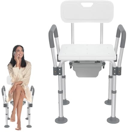 Suusolny Alu Hygienischer Toilettenstuhl Höhenverstellbarer Duschstuhl,mit Abnehmbaren Armlehnen Rückenlehne,Duschhocker Rutschfester Bis 150 KG