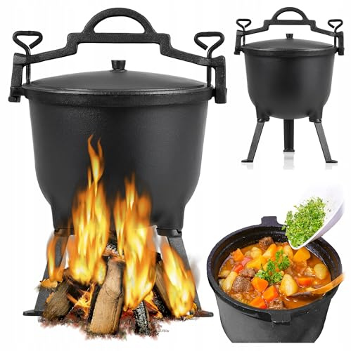 Bollitore in ghisa sulla griglia, falò, pentola per gulash, patate al forno, caldaia da cacciatore, 8 l