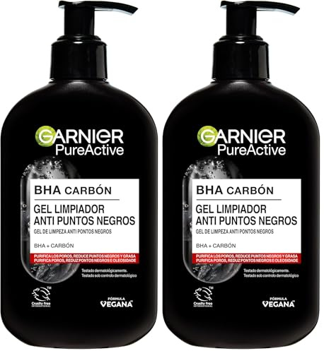 Garnier Skin Active, Pure Active Gel limpiador Anti Puntos Negros con Carbón y Ácido Salicílico purifica intensamente los poros y reduce puntos negros (Paquete de 2)