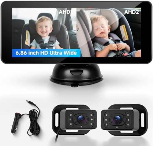 Hodozzy 2-Kids Baby Car Camera for Seat, 6.86 Inch Split Screen HD Car Baby Mirror, Rotatable Rear-Facing Car Seat Monitor, Night Vision Camera for Car Back Seat Wide Angle Fit for 2 Babies/Kids/Pets