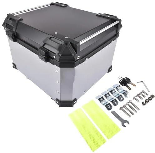 JKELPV Motocicleta Caja De Equipaje Baúl Superior para Motocicleta AP03, Plateado, Impermeable, de Aluminio, 55L, con Cerradura de Seguridad